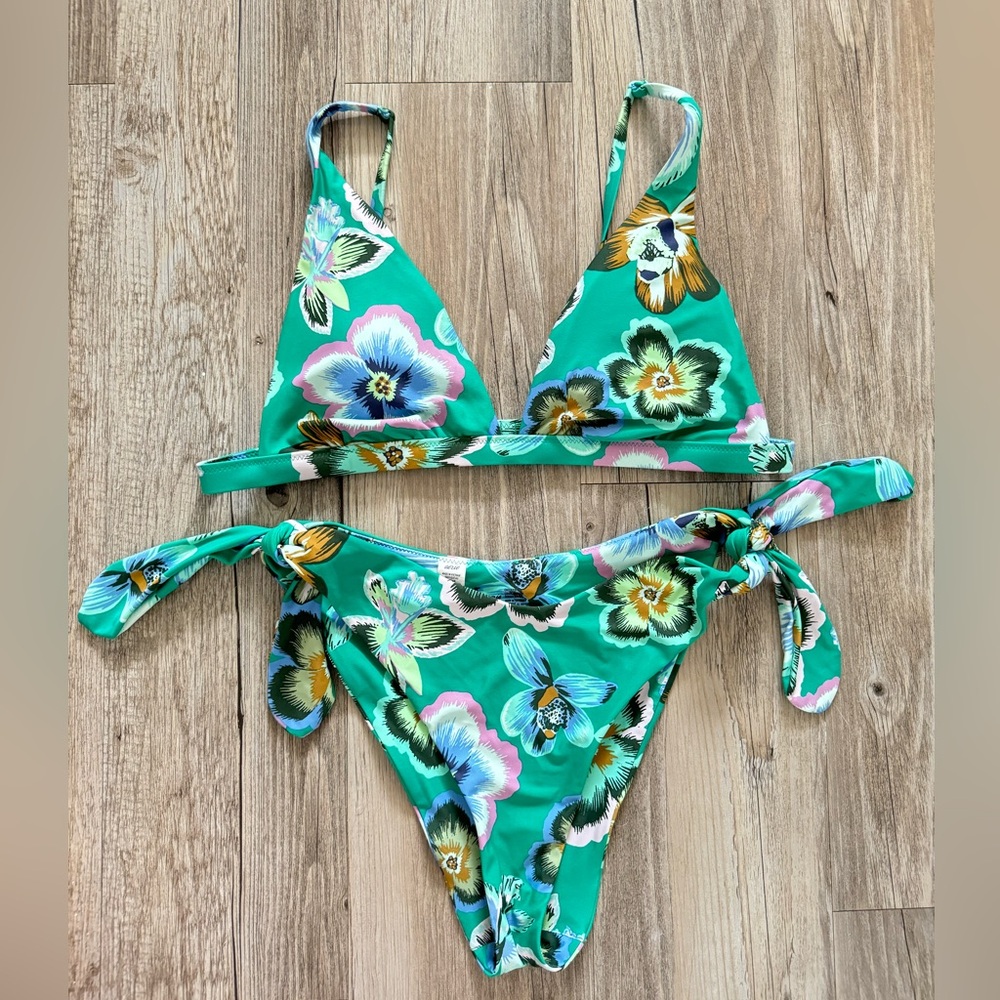 Aerie green floral triangle tie bikini set medium